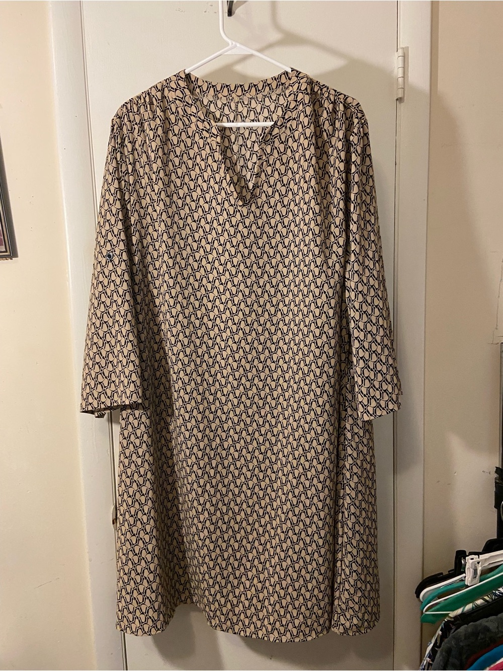 Beige and Navy Printed Midi Shift Dress